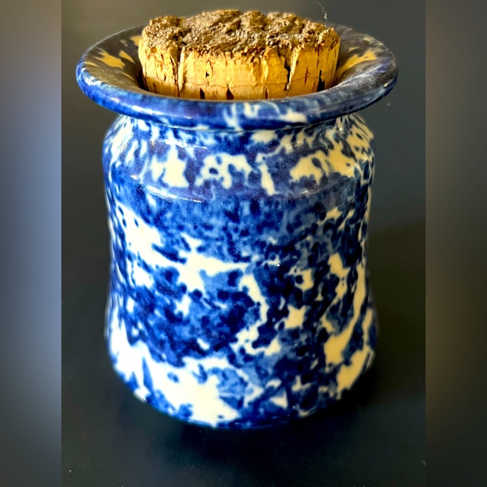 Studio Art Pottery Jar w/Cork Lid, Signed Kass Royal Blue & White Spongework EUC
